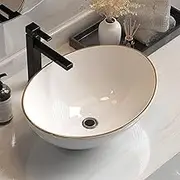 Cefito Bathroom Basin Vanity Sink, Ceramic Hand Wash Basins Vessel Sinks Above Counter Top Tools Kitchen Home Improvement, Round Shape High Gloss Finish Scratch-Resistant Gold Line White