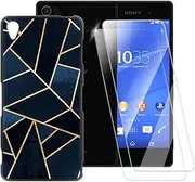 Printed TPU Case + 2-Pack Tempered Glass Screen Protector Compatible with Sony Xperia Z3, Artistic Slim Shockproof Cover, Anti-Scratch, Full Protection