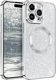 GaoBao Magnetic for iPhone 15 Pro Case, Slim Fit iPhone 15 Pro Case [Compatible with Mag Safe] Luxury Sparkle Shiny Full Body Protective Phone Cases Covers for iPhone 15 Pro 6.1 inch, Silver Glitter