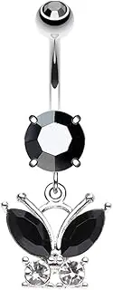 [Pierced Owl] 14GA Stainless Steel CZ Crystal Black Butterfly Dangling Belly Button Ring, Metal, cubic zirconia