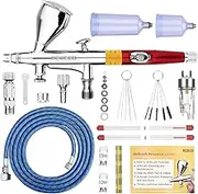 Multi-Purpose Airbrush Kit, Dual-Action Gravity Feed Air Brush Sets with Crown Nozzle, 9cc 20cc 40cc Cup, 0.2, 0.3 & 0.5mm Needles for Makeup Nail Art Shoes Tattoo Model (Red), (NCT-SJ81S3-T)
