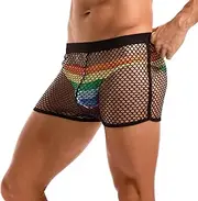 [Amy Coulee] Mens Fishnet Shorts See Through Openwork Boxers Sexy Mesh Booty Shorts