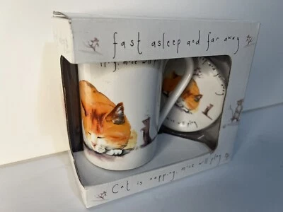 Kent Pottery Ceramic Kitty Mug with Lid Fast Asleep and Far Away Cat Is Napping