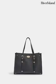 River Island Black Jacquard Buckle Square Shopper Bag (E73061) | $92