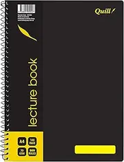 Quill, Lecture Book A4, 140 Pages, 8mm ruled, 70gsm, 7 Punched Holes, with Red Margin and Perforated Pages, Water Resistent Black Cover