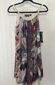 Nina Leonard Patchwork Print Dress Gold Braided Details Size L NWT