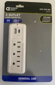 Commercial Electric HDC3WUCW 3-Outlet Wall Mounted Surge Protector USB-A USB-C