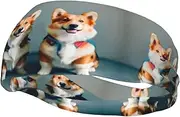 [CADREWY] Wearing Clothes Cute Corgi Dogs Print Stylish Sports Sweatband Stretchy Breathable and Moisture Wicking Headband for Gym