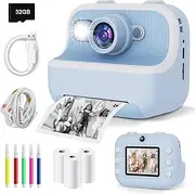 PTHTECHUS® Kids Camera Instant Print Laelr Children Digital Camera with 1080P HD Video 3 Rolls Print Paper 32GB Card 2.4 Inch Screen Toddler Digital Camera Portable Travel Toys for Boys Girls (Blue)