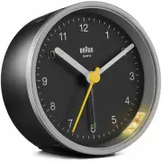 Braun Classic Round Analogue Alarm Clock, Black & Silver, 8cm