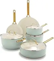 GreenPan Reserve Hard Anodized Healthy Ceramic Nonstick 10 Piece Cookware Pots and Pans Set, Gold Handle, PFAS-Free, Dishwasher Safe, Oven Safe, Julep Green