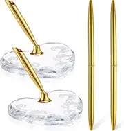 Outus 2 Pcs Wedding Pens Set for Guest Book Acrylic Heart Pen Holder Stand with Gold Pen for Wedding Bridal Engagement Guests Book Ceremony Valentine‘s Day Favor