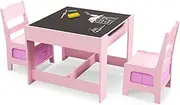 HONEY JOY 3 in 1 Kids Wooden Table & 2 Chair Set, Children Activity Table Desk Sets w/Storage Drawer, Detachable Blackboard, Toddler Table and Chair Set for Drawing, Eating, Reading (Pink)