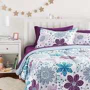Amazon Basics Kids Bed-In-A-Bag Microfiber 7 Piece Bedding Set, Easy Care, Full/Queen, Purple Flowers, Floral