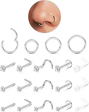 [FIBO STEEL] 14K Gold Filled Nose Rings Studs Hoops for Women Men: 20G 18G 316L Surgical Stainless Steel Hypoallergenic Dainty Simulated Diamond L Shaped/Corkscrew/Straight/Push Back Nostril Piercing Jewelry