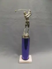 silver female golf trophy blue column white marble base
