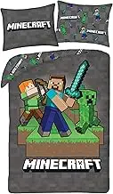 Minecraft Steve Alex Creeper Reversible Duvet Cover Set, 140 x 200 cm + 1 Pillowcase 70 x 90 cm, 100% Polyester, Multi-Colour