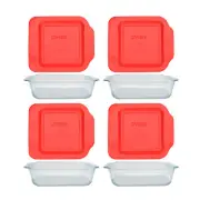 Pyrex (4) 222-SC Sculpted 8in Clear Glass Baking Dishes & (4) 222-PC Red Lids
