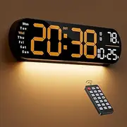Digital Wall Clock, Necomi 14'' LED Digital Wall Clock with 9 Color Ambient Light, Digital Alarm Clock with Remote Control for Living Room, Day/Date/Temperature Display, Auto Brightness（Orange）