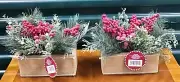 Charming Set (2) Burlap Farmhouse Christmas Artificial Berries Greenery Planters