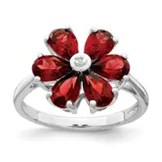 Sterling Silver Rhodium Garnet u0026 Diamond Flower Ring