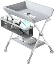 MOTRAIN Portable 3-Level Diaper Changing Table, Foldable Adjustable-Height Station with Wheels & Storage, Massage Table, Ideal for Newborn(Grey)