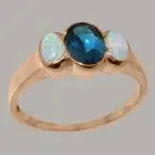Solid 18k Rose Gold Natural London Blue Topaz & Opal Womens Trilogy Ring