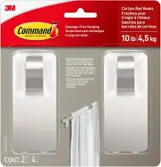 Command 10 lb Satin Nickel Curtain Rod Hooks, 2 Hooks 2 Pack,