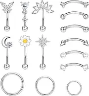 [Kakonia] 15 Pcs 16G Rook Piercing Jewelry Curved Eyebrow Rings Stainless Steel Butterfly Heart Moon Flower Barbell CZ Belly Lip Rings Cartilage Hoop Rook Daith Earrings Tragus Body Piercing Jewelry