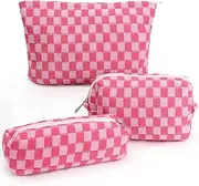 Makeup Bag Cosmetic Bag Set for Girls Women Checkered Travel Organizer Bathroom Toiletry Pouch Large Capacity Storage Bag, Rose-Red, Fashion