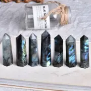 Natural Labradorite Quartz Crystal Point Wand Energy Stone Obelisk Tower Healing