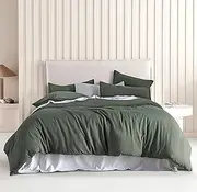 [CleverPolly] Vintage Washed Microfibre Quilt Cover Set - Ultra Soft, Breathable & Hypoallergenic for All-Season Comfort (Khaki Green, Double)