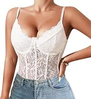 [Monanoat] Women's Sexy Floral Embroidery Corset Bodysuit Spaghetti Strap Bustier Mesh Corset Cami Rave Top