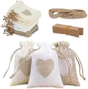 HMIEPRS 30PCS Heart Burlap Bags with Ropes and Tags, Small Drawstring Linen Candy Pouches Gift Bags for Multiple Occasions (4 x 5.5 Inch) (30PCS)