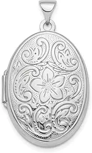 [JewelryWeb] 925 Sterling Silver Rhodium Plated Polished 26mm Patterned Oval Photo Locket Pendant Necklace