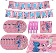 Ubiuo Pink Lilo and Stitch Birthday Party Supplies Set, Pink Theme Party Decoration Favors includes Happy Birthday Banner, Tablecover