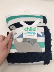 Carters Child of Mine Dinosaur Baby Blanket Blue Green Gray White Stripe Sherpa