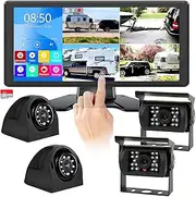 4K RV Backup Camera System for RV Truck Semi Truck Trailer Camper, 10.36" DVR Quad 4 Split Touchable Monitor with Bluetooth MP3 MP4 DVR FM + IP69K Waterproof Night Vision Reverse Rear Side View Camera