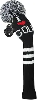 Scott Edward 1PCS Hybrid Knitted Golf Club Cover Head Cover with a Pom Pom Fits Well Hybrid(UT) Club with Rotating Number Tags for Male/Female Golfers (Black White Letters)