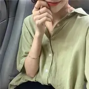 Elbow-Sleeve Plain Shirt Green - S