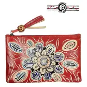 Australia Aboriginal Art Souvenir Leather Make Up Vanity Case Family Bonds Red