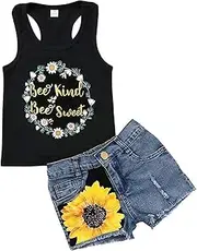 [Willow Dance] 2pcs/Set Toddler Kids Baby Girl Sleeveless Floral T-Shirt Top Sunflower Denim Jeans Shorts Outfits 1-8T