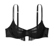 Victoria's Secret VERY SEXY Fringe Open Quarter Cup Shine Strap Bra XS Black