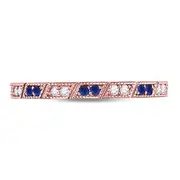 10k Rose Gold Round Blue Sapphire Diamond Milgrain Stackable Band Ring 1/4 Cttw