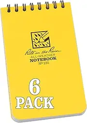 Rite in the Rain Weatherproof Top Spiral Notebook, 3" x 5", Yellow Cover, Universal Pattern, 6 Pack (No. 135L6)