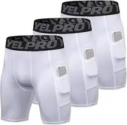 [EARGFM] Athletic Compression Shorts for Men Running Workout Underwear Spandex Shorts with Pockets Cool Dry Baselayer 3 Pack, White, Large