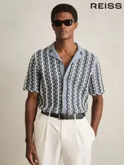 Reiss Airforce Blue Roulette Textured-Knit Cuban-Collar Shirt (AY4956) | $245