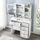 Vanity Table White Makeup Desk Set with Stool 6 Drawers Large LED Sliding Mirror