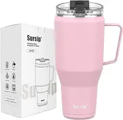 Sursip 40oz Insulated Tumbler with Stainless Steel Handle and 2 in 1 Straw Lid,Stainless Steel Double Wall Travel Mug-Leak Proof Iced Coffee Cup-Hot for 8H or Iced for 24H-Sweat Proof,BPA Free-Pink