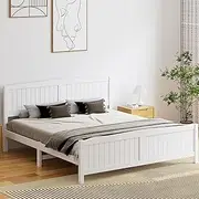 Oikiture King Bed Frame with Headboards and Footboards Pine Wood Bed Frame Platform Bed, White